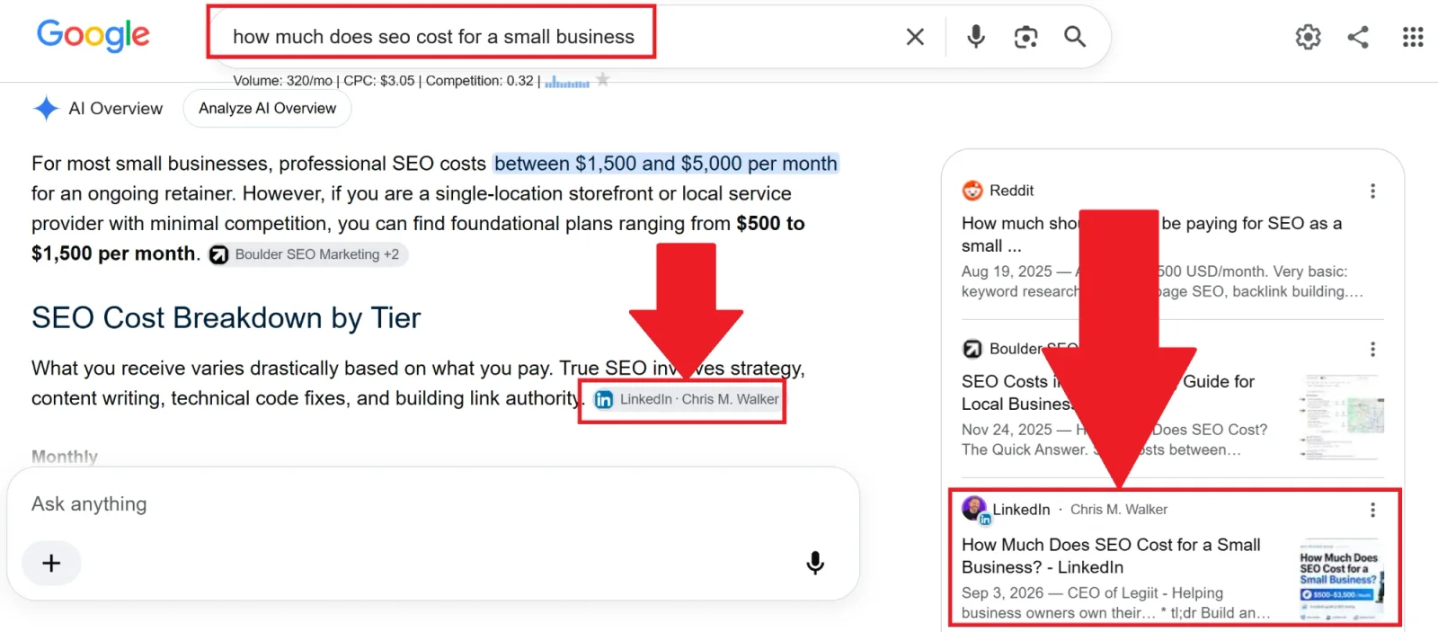 Google AI Overview for how much does seo cost for a small business, citing LinkedIn, Chris M. Walker inline and listing the article as a source