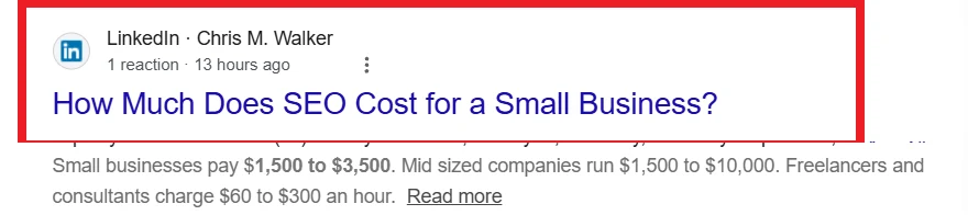 Google result: LinkedIn, Chris M. Walker, 1 reaction, 13 hours ago. How Much Does SEO Cost for a Small Business?